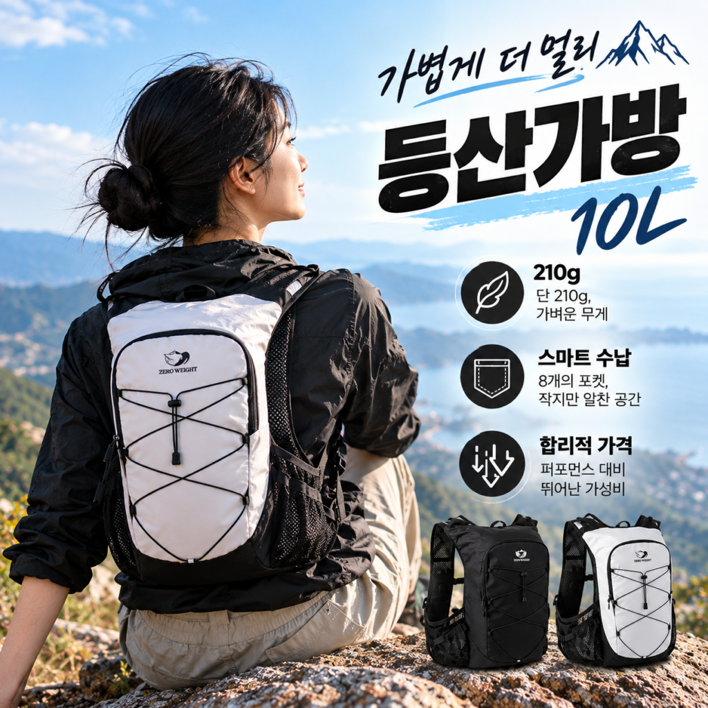소형 등산배낭 추천! 제로웨이트 210g 경량 등산 백팩 10L 특징 제품 이미지