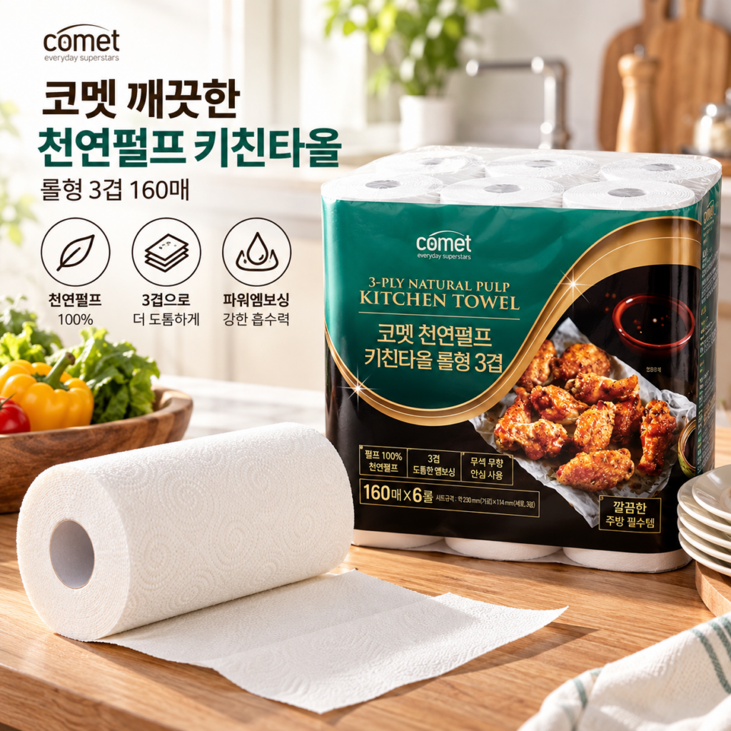 코멧 천연펄프 키친타올 롤형 3겹 160매, 기름휴지 키친타월 제품 이미지