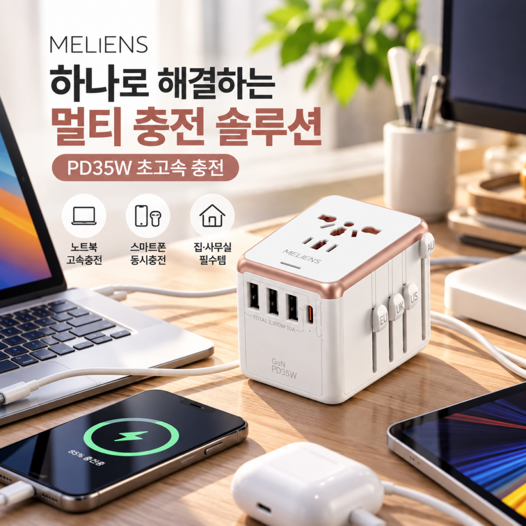 멜리언스 멀티어댑터 고속충전기 C타입 케이블, 해외 여행용 멀티어댑터 제품 이미지